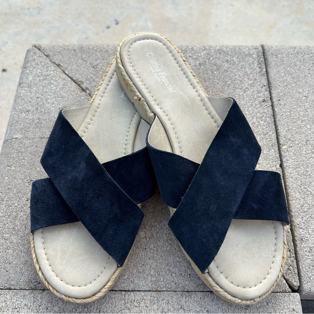 Cristina Francini Crossover Leather Espadrille Sandal Slides Shoes Navy Tan 10